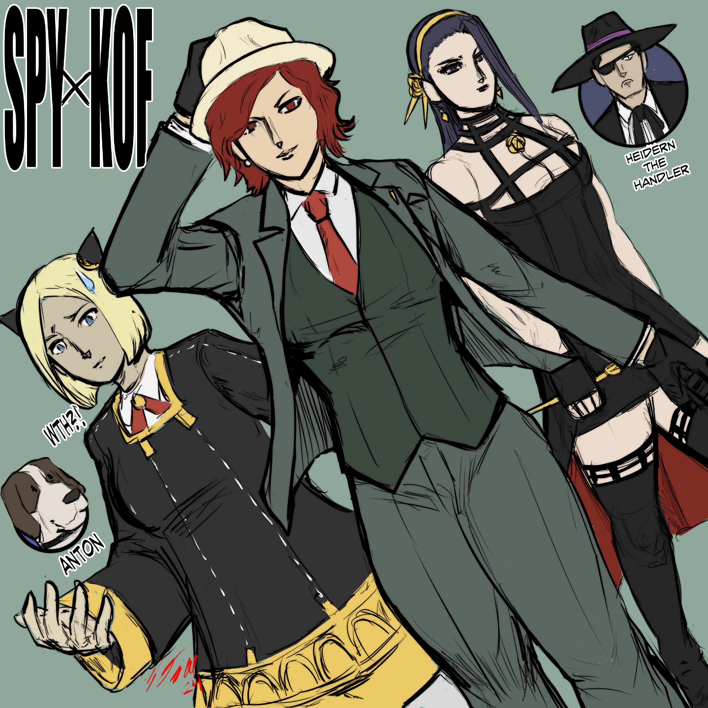 blue mary, heidern, luong, vanessa (kof), spy x family, the king of fighters, 3girls, black eyes, black hair, blonde hair, blue eyes, breasts, dress, earrings, female focus, formal clothes, hair ornament, hat, jewelry, large breasts, long hair, medium breasts, medium hair, multiple girls, pale skin, pants, short hair, standing, suit, taurence bell, thick thighs, thighs