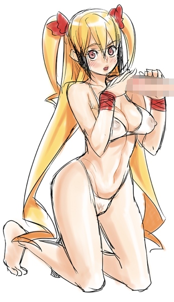 poporon, jacqueline baumgold, dragonaut, 00s, 1girl, bad anatomy, bad feet, barefoot, bikini, blonde hair, blush, breasts, censored, feet, handjob, highleg, highleg bikini, long hair, medium breasts, oekaki, penis, poorly drawn, see-through clothes, simple background, solo, solo focus, swimsuit, twintails, two-handed handjob