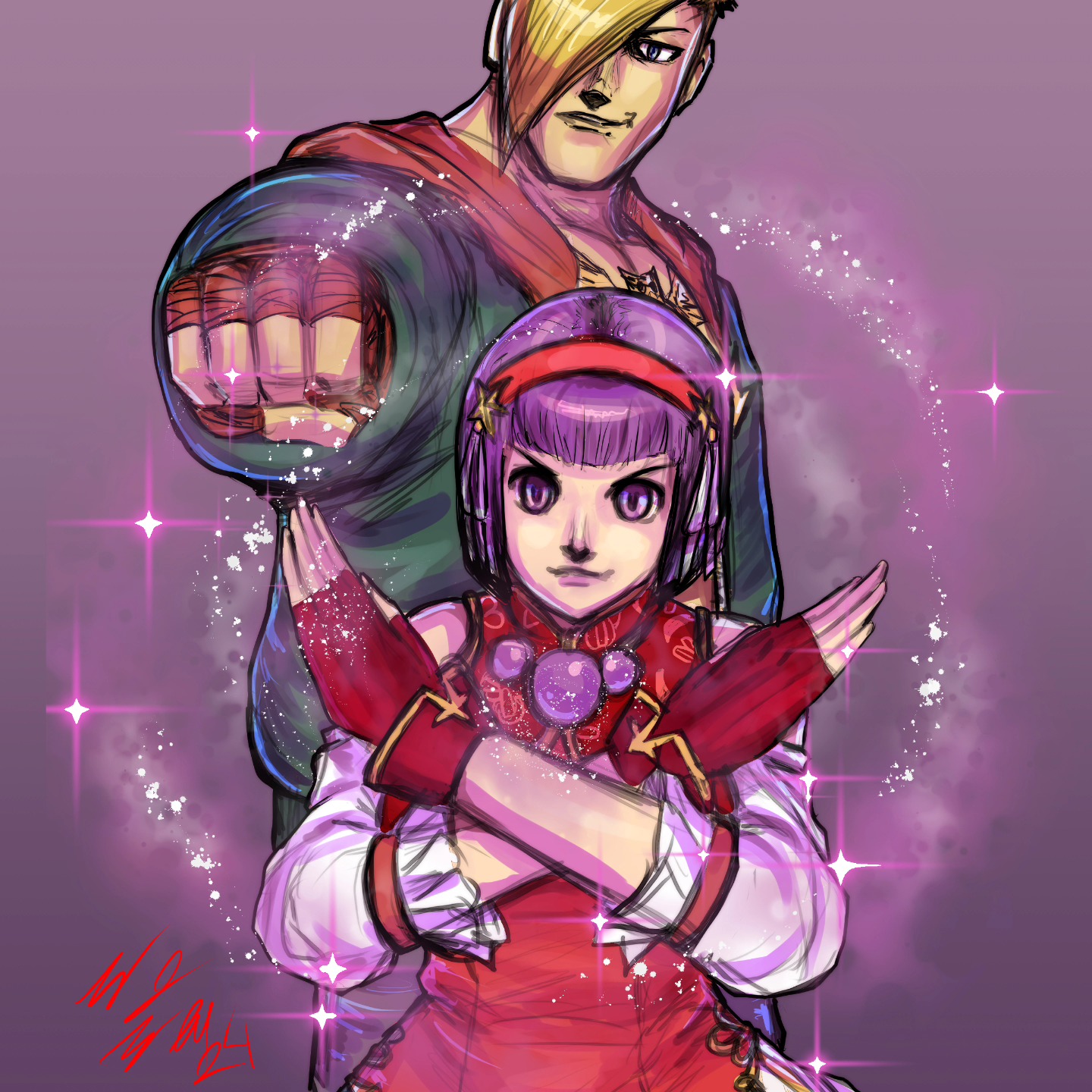 asamiya athena, the king of fighters, 1girl, dress, female focus, gloves, hairband, magic, magical girl, pale skin, purple eyes, purple hair, short hair, star (symbol), taurence bell, wide hips