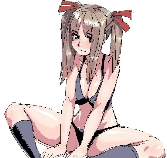 poporon, original, 1girl, breasts, cleavage, female focus, jaggy lines, large breasts, lingerie, oekaki, socks, solo, twintails, underwear
