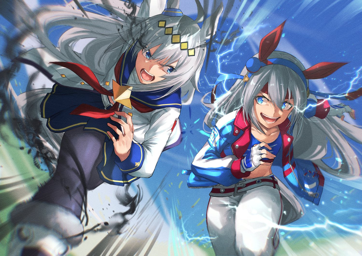 beruu, oguri cap (umamusume), tamamo cross (umamusume), umamusume, 2girls, ahoge, animal ears, black pantyhose, blue eyes, blue hairband, blue jacket, blue sailor collar, blue skirt, ear covers, fingerless gloves, gloves, grey hair, grey tail, hair between eyes, hairband, headband, horse ears, horse girl, horse tail, jacket, long hair, long sleeves, looking at another, looking to the side, midriff, multiple girls, navel, neckerchief, open clothes, open jacket, pants, pantyhose, red headband, red neckerchief, running, sailor collar, skirt, tail, white gloves, white pants