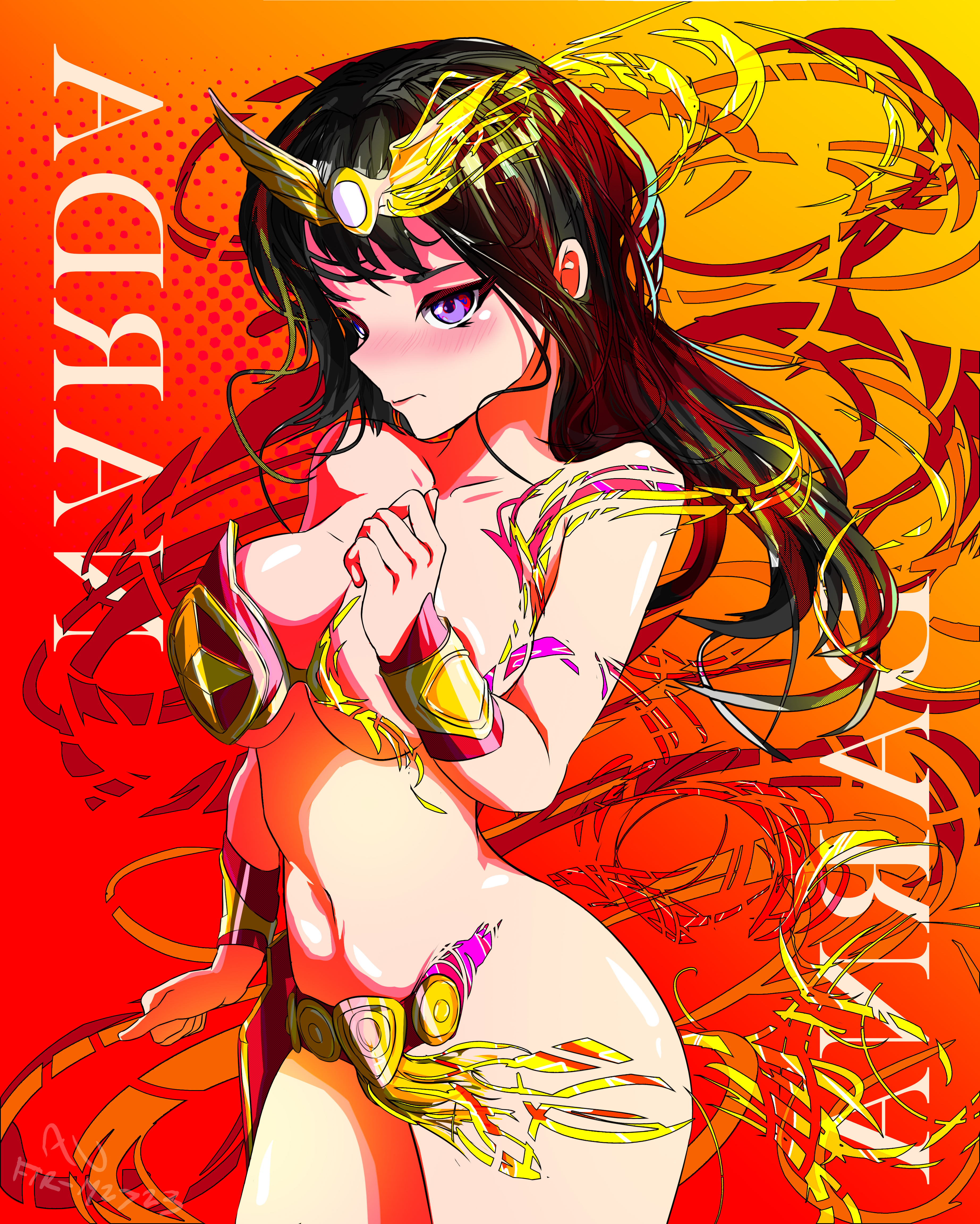 staz tempest, darna, absurdres, highres, 1girl, black hair, blush, bra, breasts, character name, collarbone, darna (character), digital dissolve, dissolving clothes, embarrassed, gradient background, large breasts, loincloth, long hair, orange background, panties, purple eyes, red background, red bra, red panties, solo, strapless, strapless bra, superhero costume, tagalog commentary, underwear