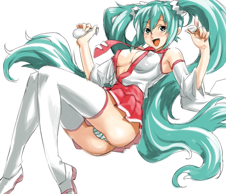 poporon, hatsune miku, vocaloid, 1girl, alcohol, aqua hair, breasts, covered erect nipples, female focus, long hair, miniskirt, necktie, open clothes, open shirt, panties, pantyshot, sake, shirt, skirt, solo, striped clothes, striped panties, thighhighs, twintails, underwear, very long hair, waitress