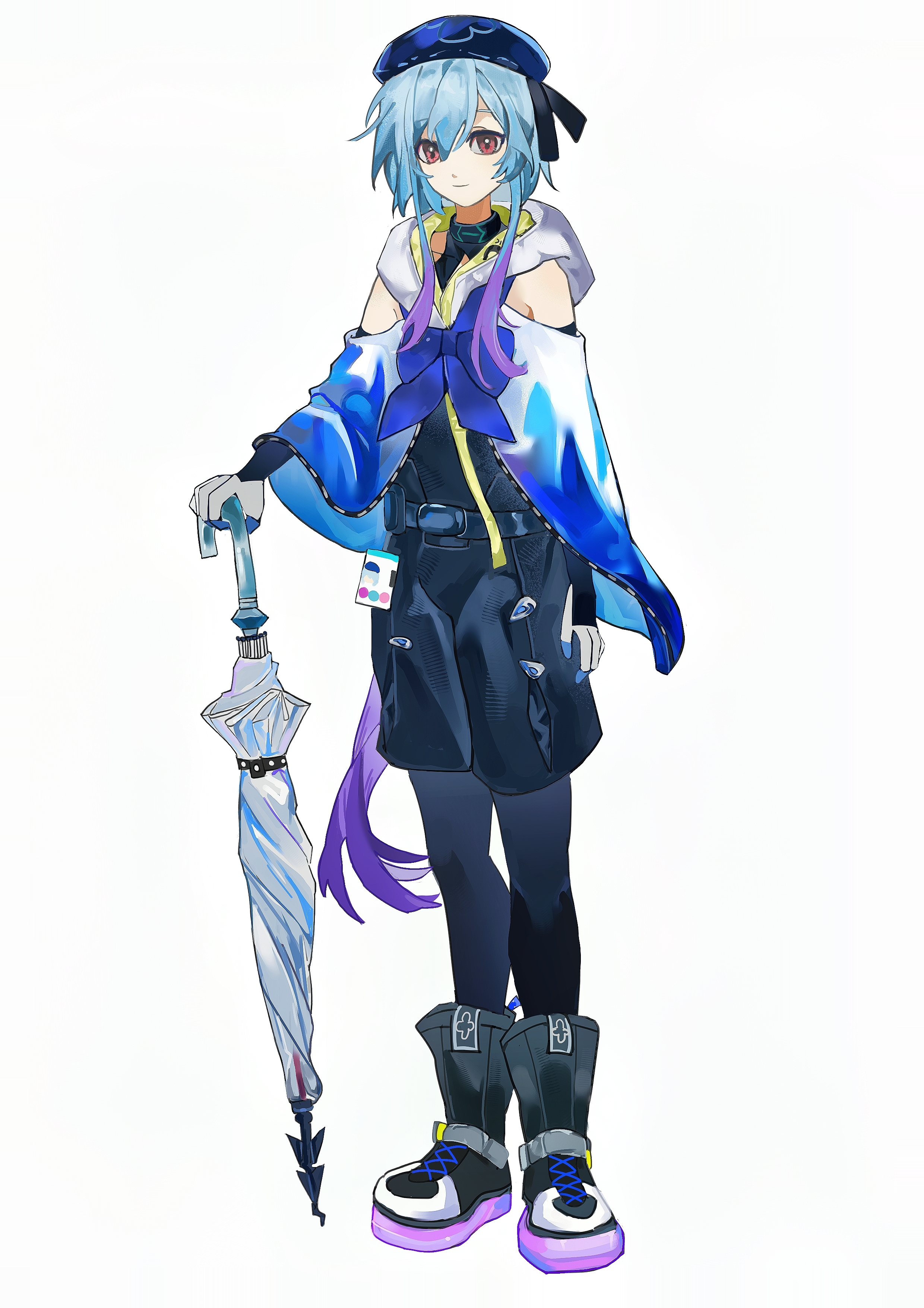 infection monitor (arknights), mizuki (arknights), arknights, absurdres, highres, 1boy, arm at side, bare shoulders, belt, beret, black belt, black boots, black pantyhose, black shorts, blue hair, boots, closed mouth, full body, hair between eyes, hat, hood, hood down, knee boots, light smile, long hair, looking at viewer, male focus, maomaojiaozhu, pantyhose, purple hair, purple hat, red eyes, shorts, simple background, solo, standing, very long hair, white background