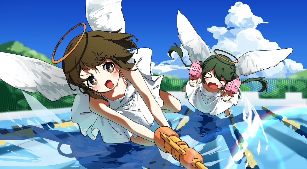 original, > <, 2girls, angel, angel wings, brown eyes, brown hair, cloud, day, dress, flying, green hair, halo, holding, holding water gun, kannpoyu, long hair, looking at viewer, multiple girls, open mouth, outdoors, pool, sleeveless, sleeveless dress, traditional halo, twintails, water, water gun, white dress, wings