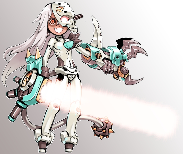 poporon, original, 1girl, crazy eyes, energy sword, female focus, long hair, mask, mecha musume, solo, sword, weapon, white hair