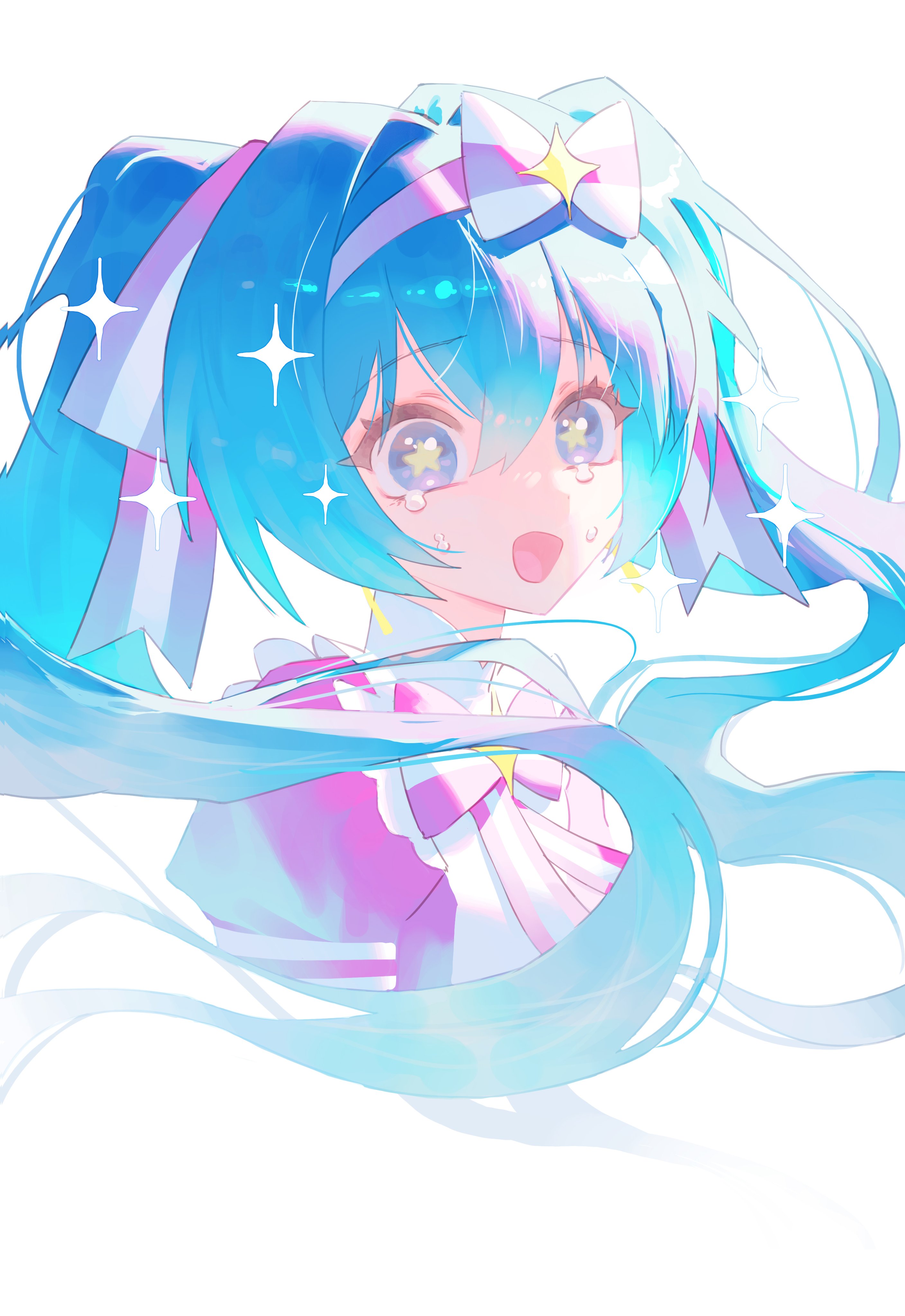 wonbin lee, hatsune miku, vocaloid, absurdres, highres, 1girl, blue eyes, blue hair, blush, bow, hair between eyes, hair ribbon, hairband, ima sugu rinne (vocaloid), long hair, open mouth, pink bow, pink hairband, pink ribbon, pink shirt, ribbon, shirt, sidelocks, solo, star-shaped pupils, star (symbol), symbol-shaped pupils, tears, twintails, upper body