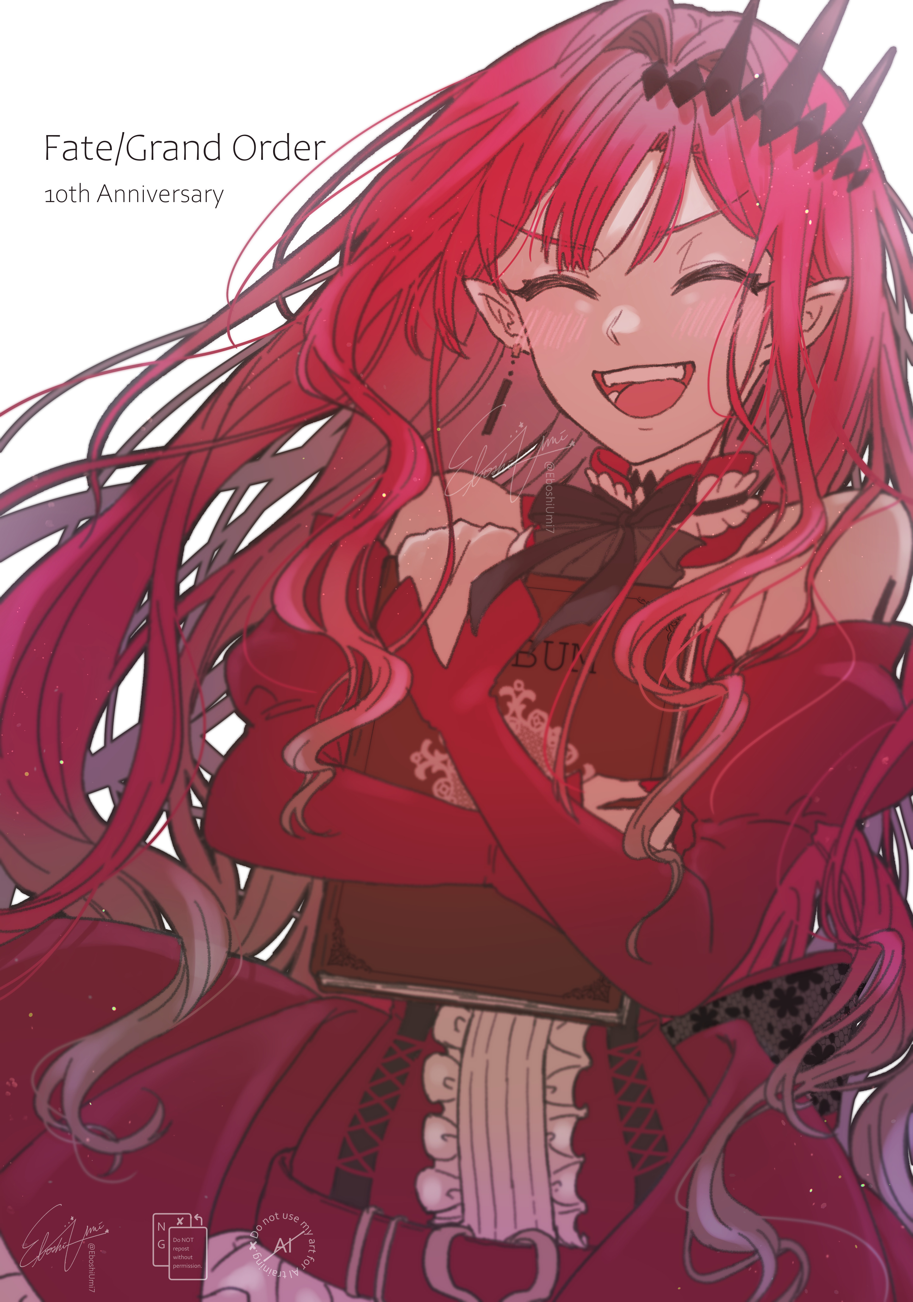 eboshiumi7, baobhan sith (fate), baobhan sith (first ascension) (fate), fate/grand order, fate (series), absurdres, commentary request, highres, 1girl, blush, book, closed eyes, detached sleeves, dress, earrings, facing viewer, hair ornament, holding, holding book, jewelry, long hair, open mouth, pink hair, pointy ears, red dress, sidelocks, smile, solo