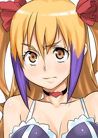 poporon, jacqueline baumgold, dragonaut, bad id, bad pixiv id, lowres, 00s, 1girl, blonde hair, breasts, choker, cleavage, female focus, multicolored hair, purple hair, solo, streaked hair, twintails, two-tone hair, yellow eyes