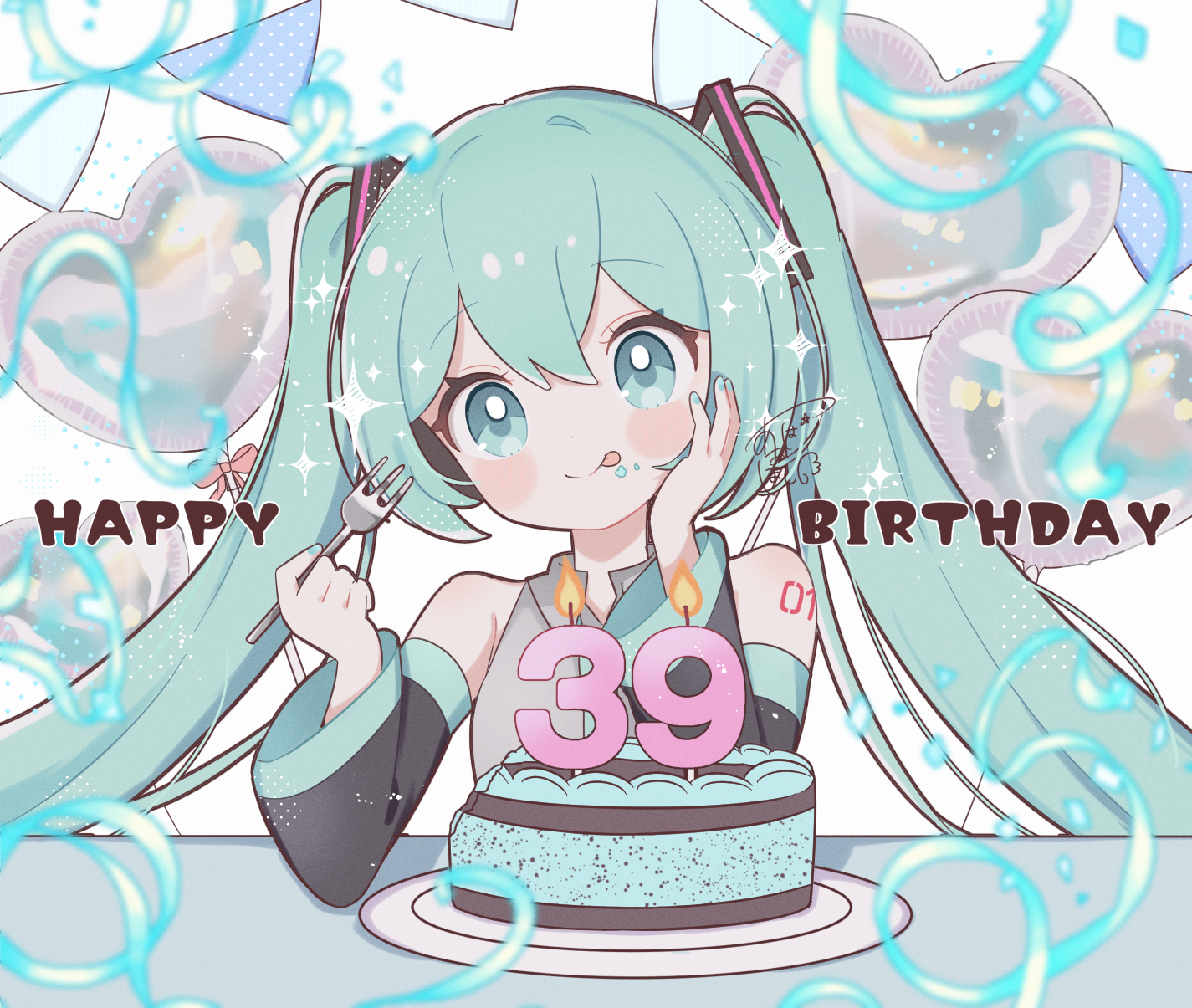 aobahosino, hatsune miku, vocaloid, commentary, english commentary, highres, 1girl, 39, :p, balloon, bare shoulders, black sleeves, blue eyes, blue hair, blue necktie, blush stickers, cake, candle, closed mouth, collared shirt, crumbs, detached sleeves, double-parted bangs, food, fork, grey shirt, hair between eyes, happy birthday, heart balloon, holding, holding fork, long hair, long sleeves, necktie, number tattoo, plate, shirt, shoulder tattoo, sleeveless, sleeveless shirt, smile, solo, tattoo, tongue, tongue out, twintails, upper body