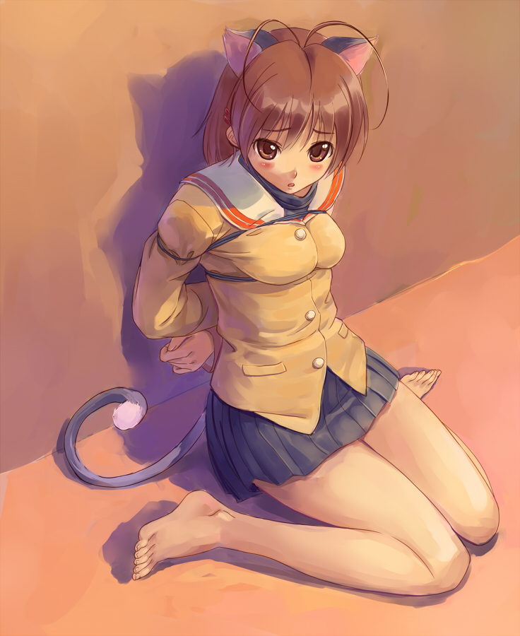 tani, furukawa nagisa, clannad, 00s, 1girl, against wall, animal ears, antenna hair, arms behind back, barefoot, bdsm, blush, bondage, bound, cat ears, cat tail, fake animal ears, feet, female focus, kneeling, legs folded, school uniform, serafuku, shibari, sitting, skirt, solo, tail, wariza