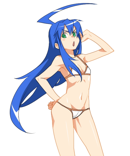 poporon, izumi konata, lucky star, 00s, :o, aged up, ahoge, bikini, blue hair, flat chest, frown, green eyes, hand on own hip, hip focus, long hair, open mouth, simple background, solo, swimsuit, white bikini
