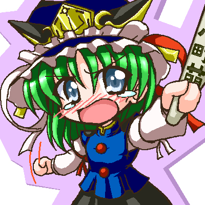 shiki eiki, touhou, lowres, 1girl, blue eyes, chibi, female focus, green hair, rod of remorse, solo, standing, tears, upper body
