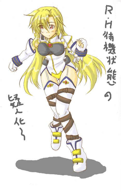 zero point, raising heart, lyrical nanoha, mahou shoujo lyrical nanoha, translation request, 00s, 1girl, blonde hair, female focus, fingerless gloves, garter straps, gloves, long hair, personification, red eyes, solo, thigh strap, thighhighs