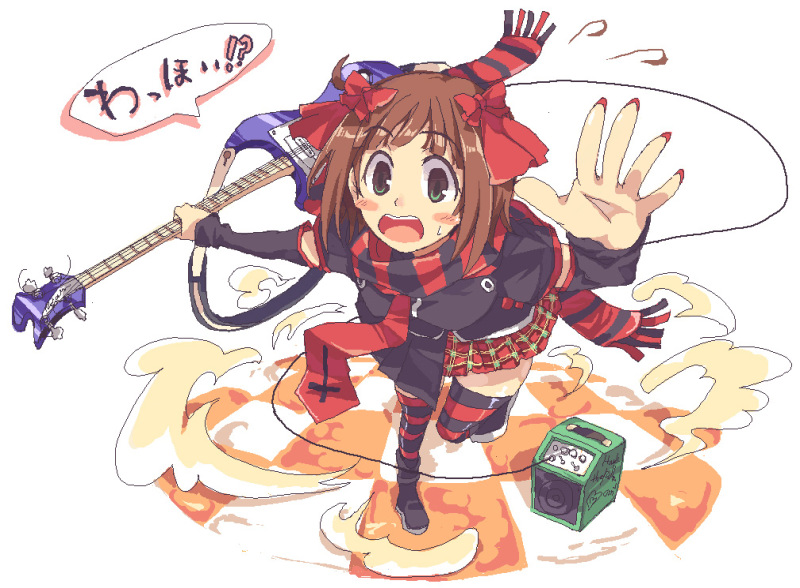 hamayumiba sou, amami haruka, dark haruka, idolmaster, idolmaster (classic), 00s, 1girl, amplifier, bass guitar, checkered floor, female focus, flying sweatdrops, guitar, instrument, nail polish, pleated skirt, punkish gothic, red nails, rickenbacker, rickenbacker 4001, scarf, skirt, solo, striped clothes, striped scarf, striped thighhighs, thighhighs