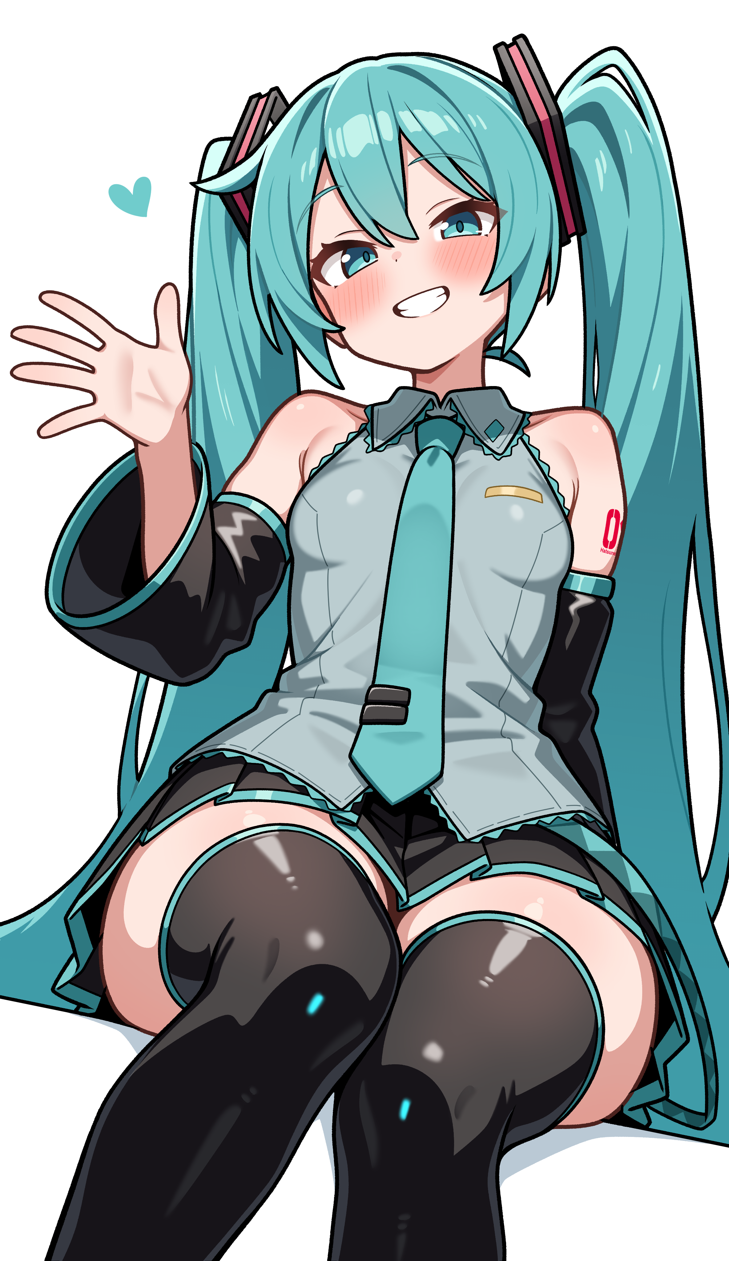 shiguren 39, hatsune miku, vocaloid, absurdres, commentary request, highres, partial commentary, 1girl, black skirt, black sleeves, black thighhighs, blue eyes, blue hair, blue necktie, breasts, collared shirt, detached sleeves, feet out of frame, grey shirt, grin, heart, long hair, looking at viewer, miniskirt, necktie, parted lips, pleated skirt, shirt, sitting, skirt, sleeveless, sleeveless shirt, small breasts, smile, solo, teeth, thighhighs, twintails, very long hair, waving, white background