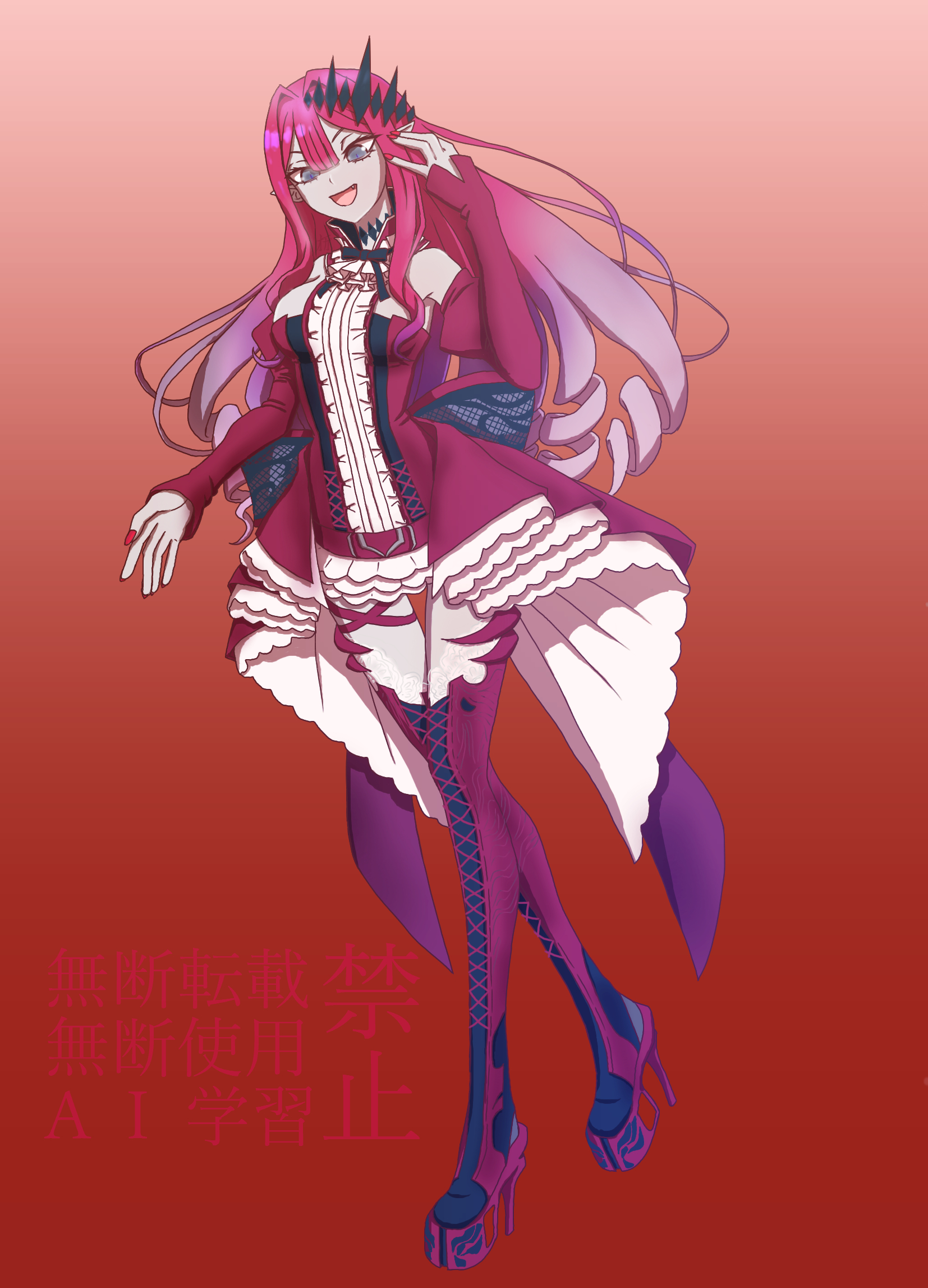 ogre (artist), baobhan sith (fate), baobhan sith (first ascension) (fate), fate/grand order, fate (series), highres, 1girl, boots, breasts, detached sleeves, dress, frilled dress, frills, full body, grey eyes, hair ornament, hand up, high heel boots, high heels, long hair, looking at viewer, open mouth, pink hair, platform heels, red background, red dress, sidelocks, smile, solo, thigh boots