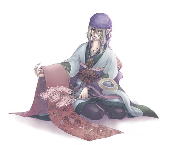 watase, kusuriuri (mononoke), mononoke, 00s, 1boy, bandana, blonde hair, blue eyes, branch, cherry blossoms, durag, facepaint, facial mark, flower, hair tie, japanese clothes, jewelry, kimono, lipstick, long hair, makeup, male focus, medallion, nail polish, necklace, obi, pointy ears, sash, sitting, solo, sun symbol