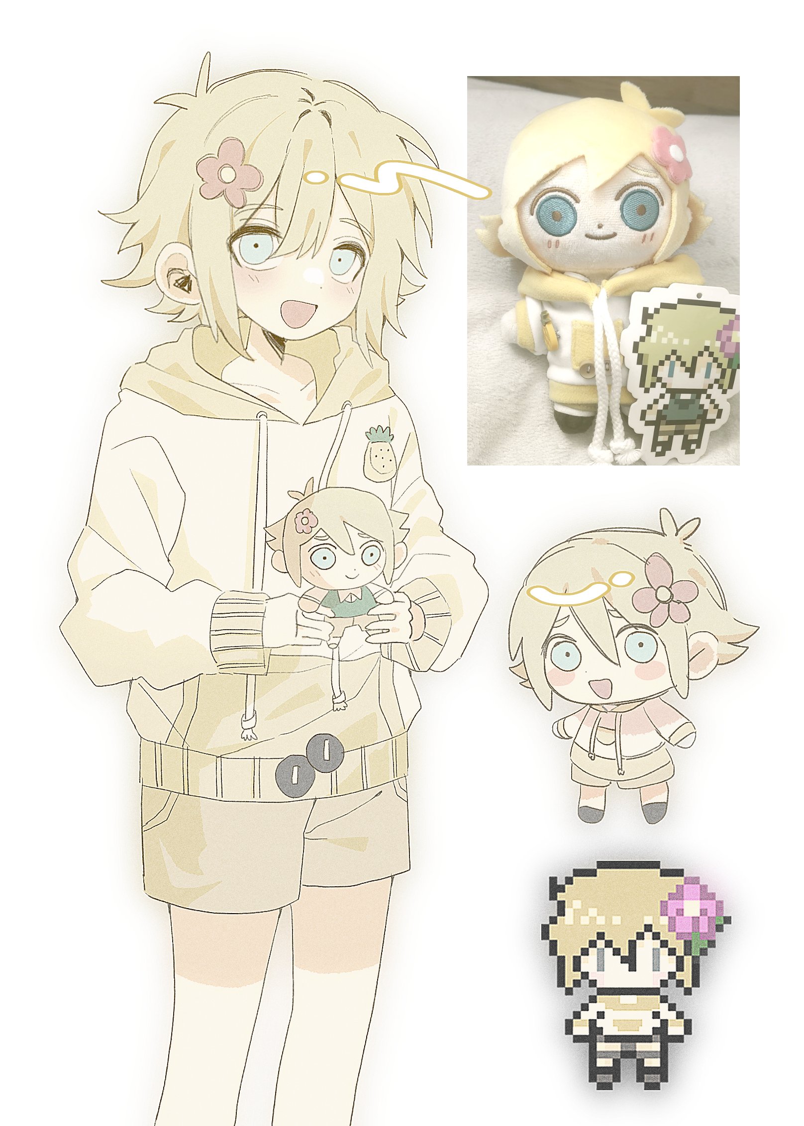 my loleeta, basil (faraway) (omori), basil (omori), omori, highres, 1boy, alternate costume, antenna hair, blonde hair, blue eyes, blush, brown shorts, character doll, collarbone, doll, double-parted bangs, flower, hair flower, hair ornament, holding, holding stuffed toy, hood, hoodie, long sleeves, looking at viewer, male focus, open mouth, shorts, simple background, smile, solo, stuffed toy, white background, white hoodie