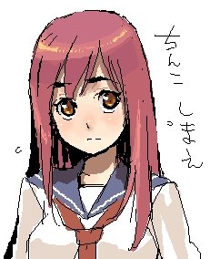 poporon, lowres, translated, blush, jaggy lines, oekaki, red hair, school uniform, serafuku, solo
