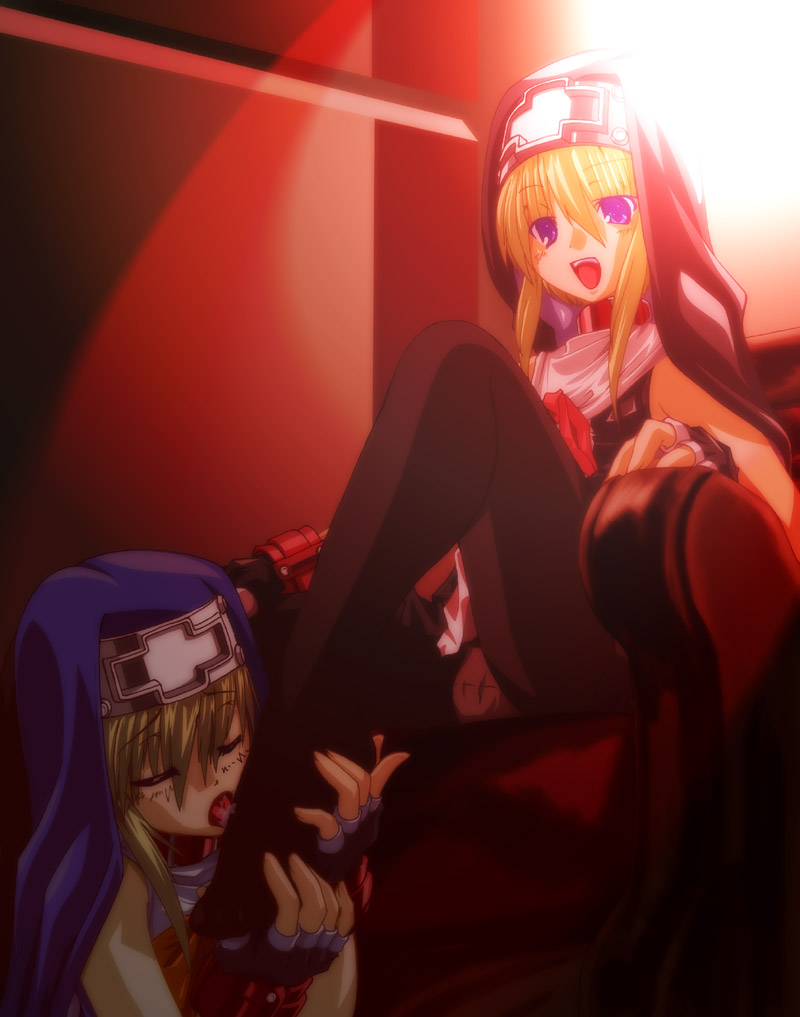bridget (guilty gear), arc system works, guilty gear, guilty gear xx, 2boys, alternate color, blonde hair, blue eyes, dual persona, feet, foot worship, licking, licking foot, multiple boys, nun, panties, panties under pantyhose, pantyhose, pantyshot, plantar flexion, saliva, selfcest, slave, tongue, trap, trap on trap, underwear