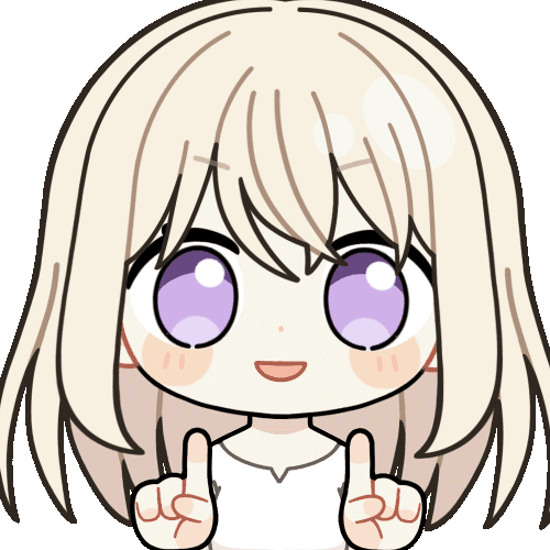 chunye haruya, misumi uika, bang dream!, bang dream! it's mygo!!!!!, animated, animated gif, lowres, 1girl, :d, blonde hair, blush stickers, chibi, chibi only, dot nose, index fingers raised, kenkou ni yoku nai! (bang dream!), looking at viewer, medium hair, open mouth, purple eyes, shirt, simple background, smile, solo, transparent background, upper body, white shirt, x fingers