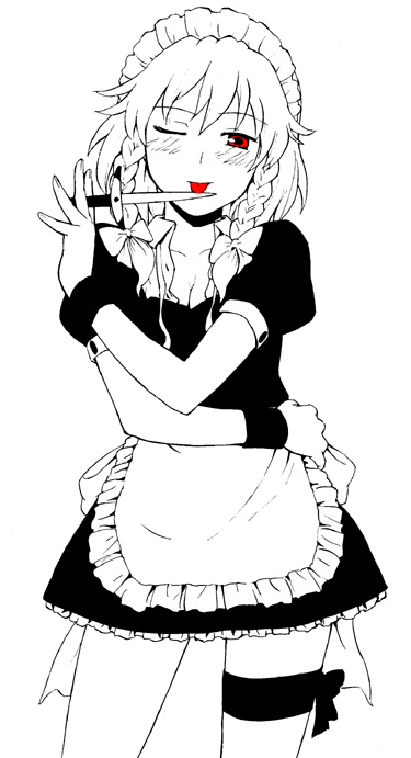 jas (littlecrime), izayoi sakuya, touhou, 1girl, :p, ;p, blush, bow, braid, female focus, greyscale, hair bow, knife, licking, maid, maid headdress, monochrome, one eye closed, red eyes, smile, solo, spot color, thigh strap, throwing knife, tongue, tongue out, twin braids, weapon, wrist cuffs