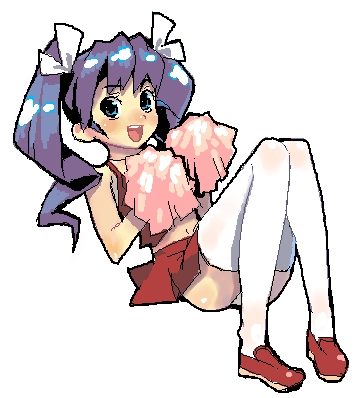poporon, eyebrows, lowres, 1girl, :d, cheerleader, female focus, full body, jaggy lines, long hair, looking at viewer, oekaki, open mouth, pom pom (cheerleading), purple hair, simple background, smile, solo, thighhighs, twintails, white background, white thighhighs
