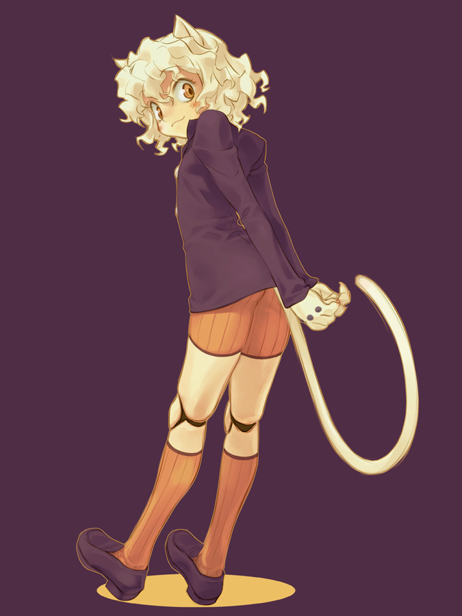 mizuki kotora, neferpitou, hunter x hunter, bad id, bad pixiv id, 1boy, androgynous, animal ears, animal hands, curly hair, doll joints, joints, looking at viewer, looking back, male focus, other focus, shoes, socks, solo, tail, trap, yellow eyes