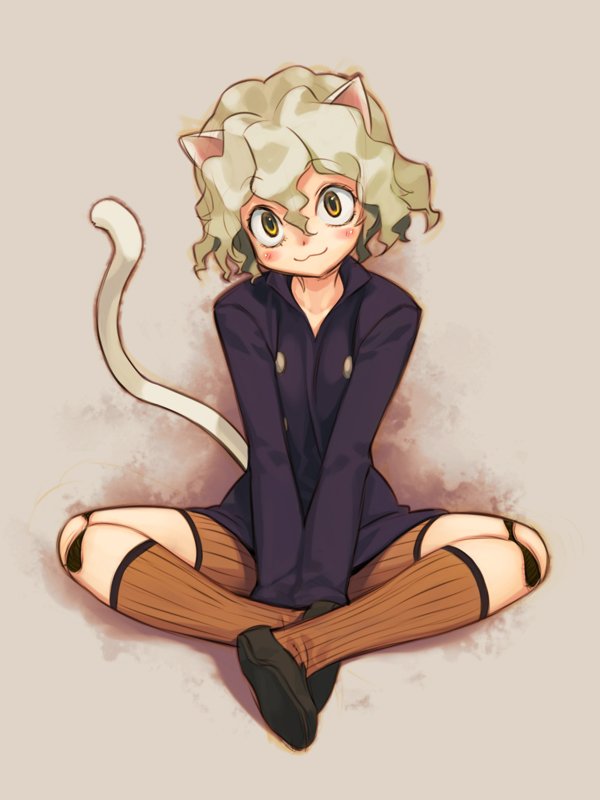 mizuki kotora, neferpitou, hunter x hunter, bad id, bad pixiv id, 1boy, :3, androgynous, animal ears, curly hair, doll joints, joints, male focus, other focus, socks, solo, tail, trap, yellow eyes