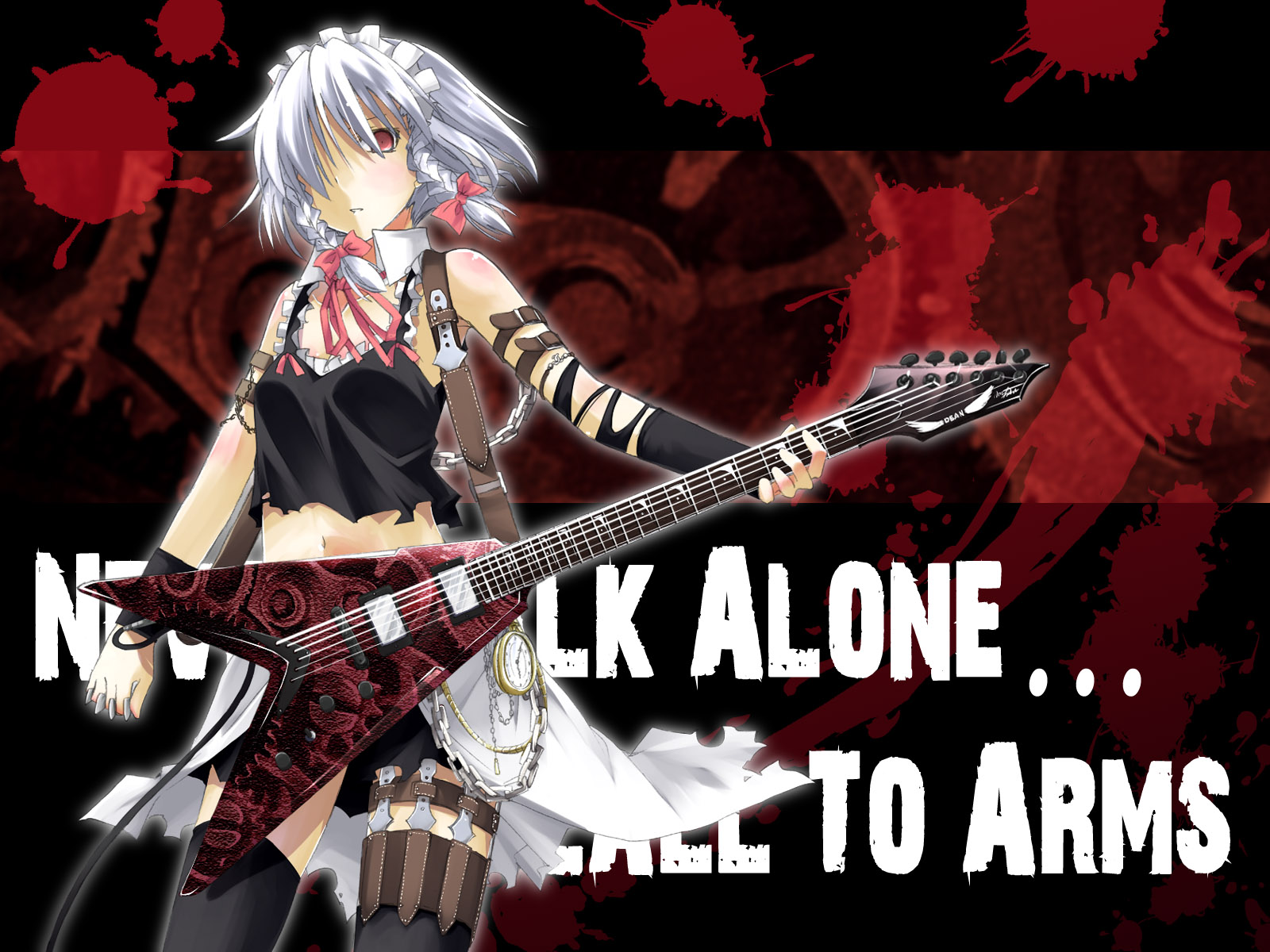 yuuki eishi, izayoi sakuya, megadeth, touhou, silver hair, highres, 1girl, braid, female focus, guitar, instrument, lyrics, short hair, solo, thighhighs, twin braids