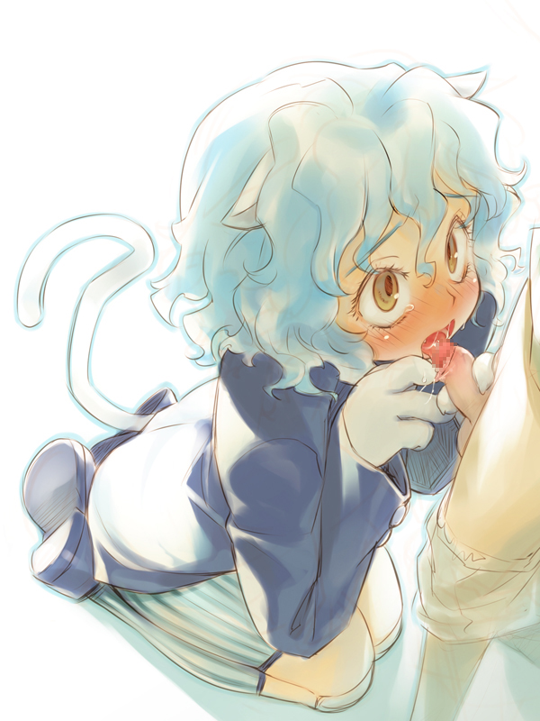 mizuki kotora, neferpitou, hunter x hunter, bad id, bad pixiv id, 2boys, androgynous, animal ears, animal hands, blush, censored, crossdressing, crossdressing (mtf), curly hair, fellatio, male focus, mosaic censoring, multiple boys, oral, penis, shota, solo focus, tail, trap, yaoi