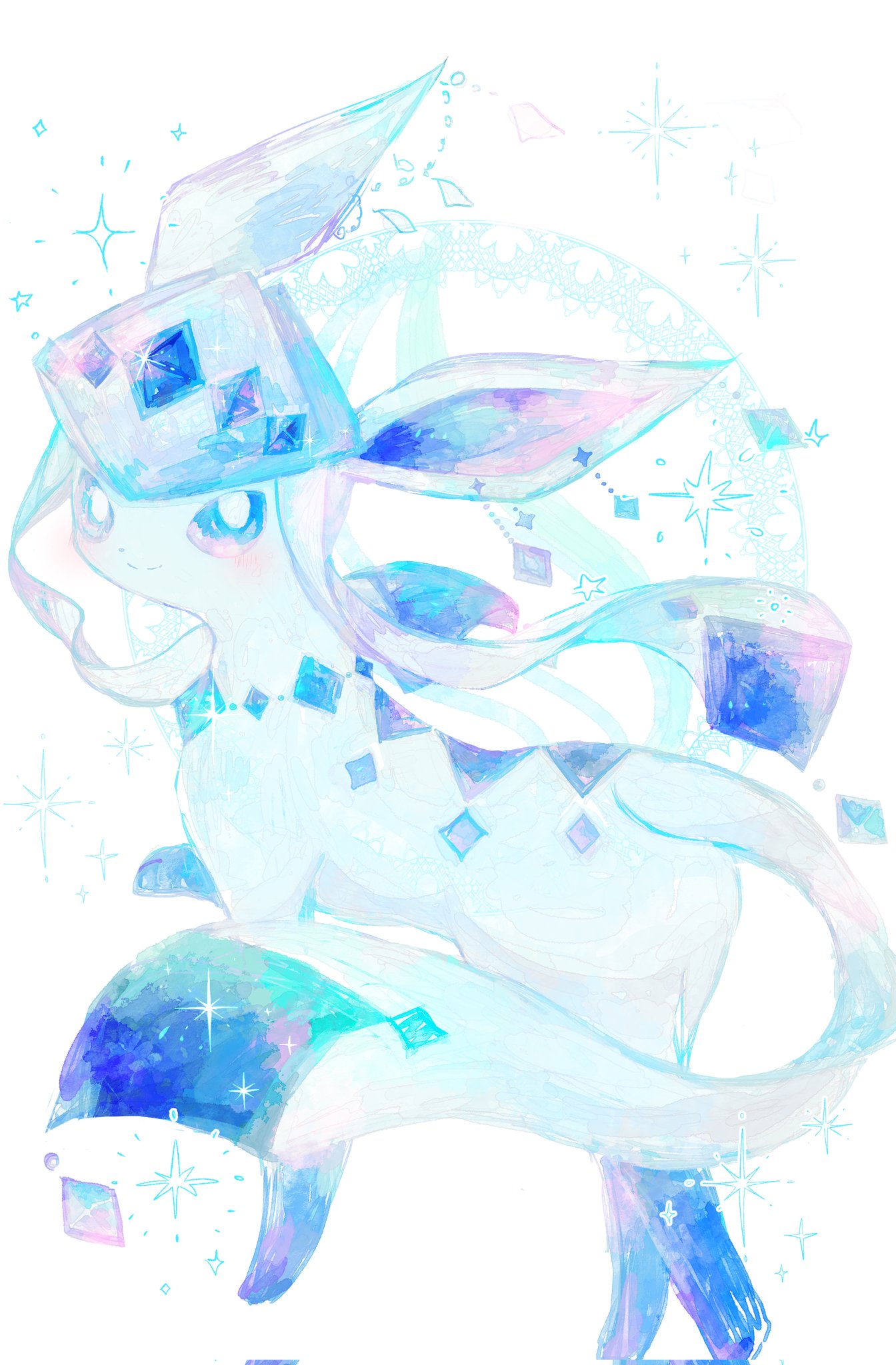 meariako, glaceon, nintendo, pokemon, highres, animal focus, blue eyes, blue fur, blush, closed mouth, crystal, full body, gen 4 pokemon, looking at viewer, mega pokemon, mega pokemon (other), no humans, pokemon (creature), pokemon focus, smile, solo, tail