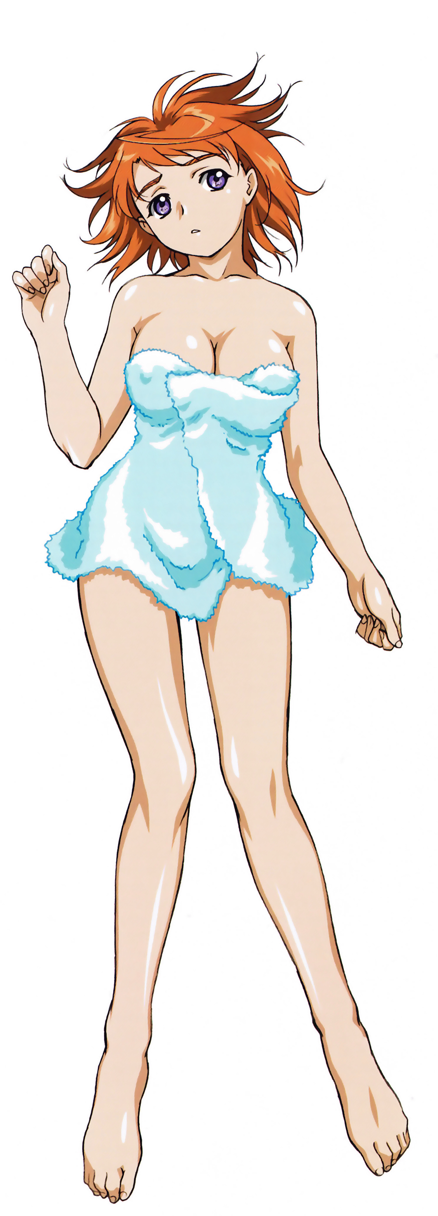 tokiha mai, my-hime, my-otome, absurdres, highres, long image, scan, tall image, 00s, barefoot, breasts, cleavage, feet, hip focus, impossible towel, large breasts, legs, lying, naked towel, orange hair, purple eyes, short hair, simple background, solo, towel, wide hips