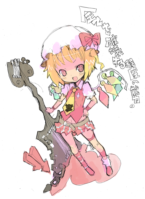 hiruma andon, ke1rou, flandre scarlet, touhou, 1girl, adapted costume, blouse, female focus, full body, guitar, hand on own hip, hat, instrument, mob cap, shirt, simple background, solo, standing, white background, white hat, white shirt