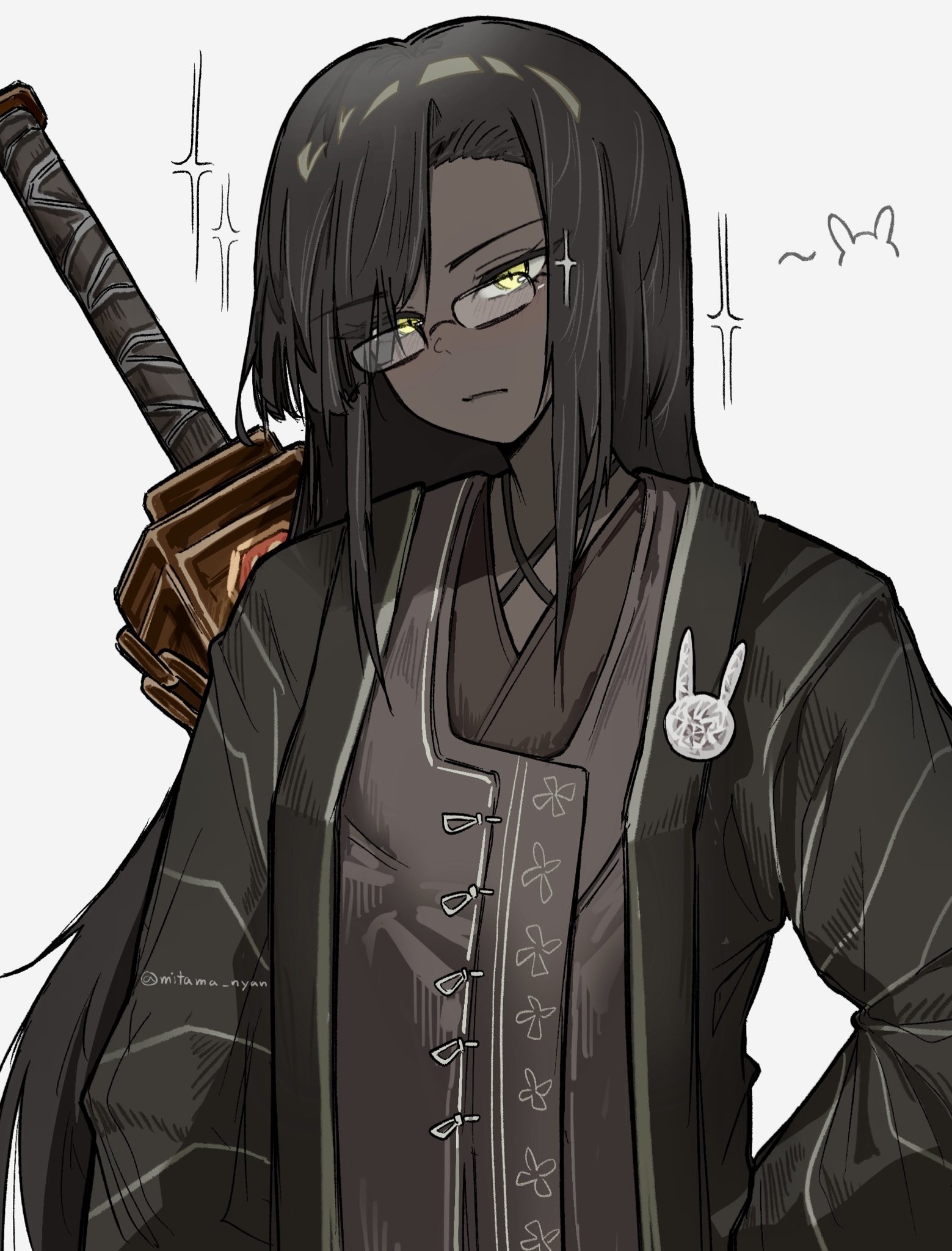 k i r i p o, zilu (project moon), limbus company, project moon, highres, 1girl, black hair, brown robe, chinese clothes, dark-skinned female, dark skin, glasses, hair over eyes, long hair, mitama nyan, robe, scabbard, sheath, sidelocks, sword, weapon, white background