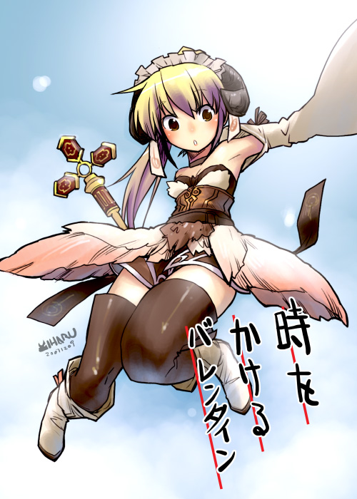miharu (cgsky), corriedale (fantasy earth zero), fantasy earth zero, 1girl, blonde hair, boots, choker, detached sleeves, female focus, floating, horns, long hair, maid headdress, ponytail, scepter, solo, thighhighs
