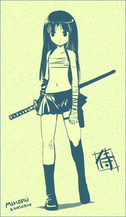 miharu (cgsky), 1girl, bandages, female focus, green theme, katana, monochrome, sarashi, socks, solo, sword, weapon