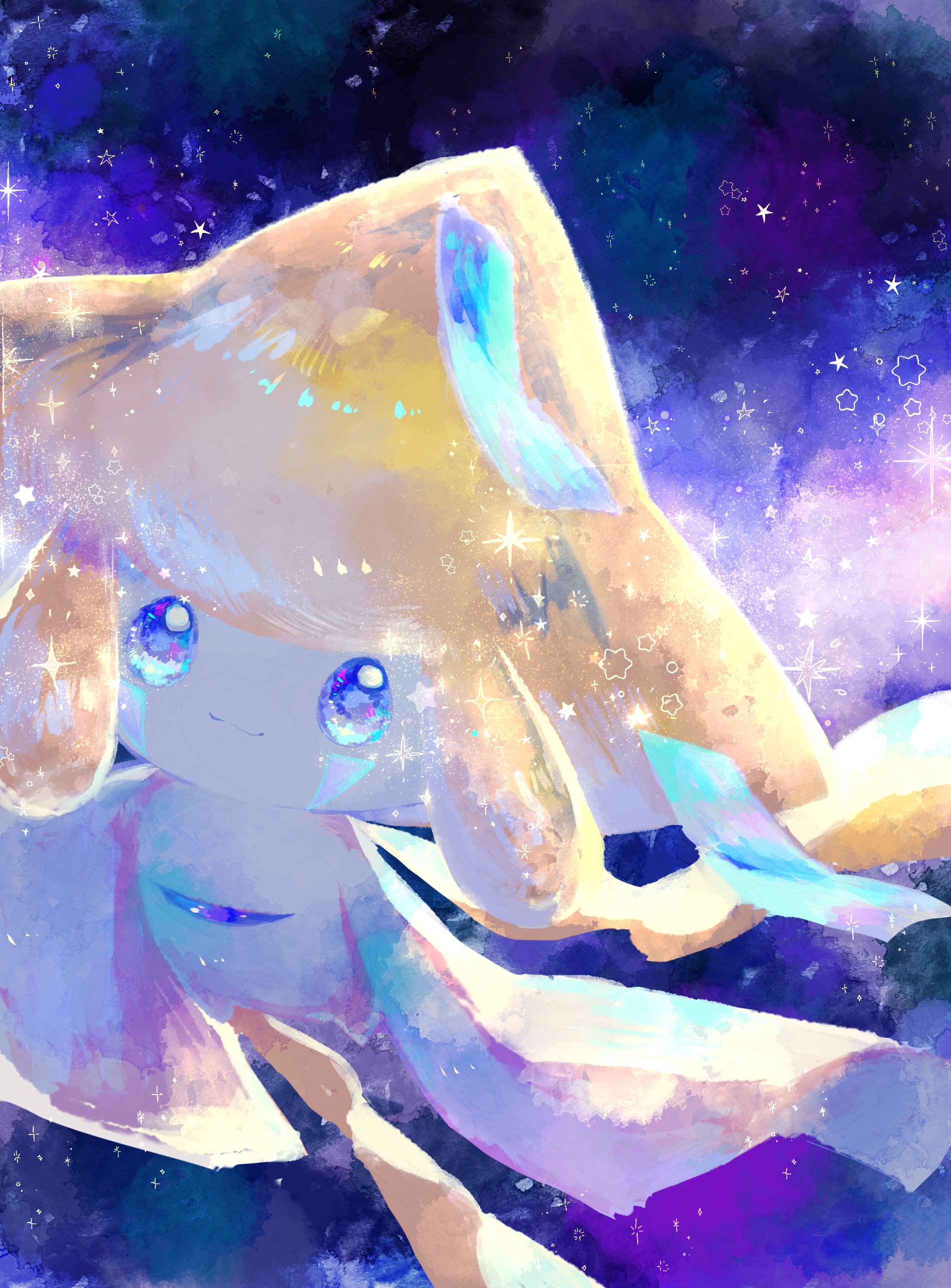 meariako, jirachi, nintendo, pokemon, absurdres, highres, blue eyes, closed mouth, colored skin, gen 3 pokemon, legendary pokemon, looking at viewer, mythical pokemon, night, night sky, no humans, pokemon (creature), pokemon focus, sky, smile, solo, space, star (sky), star (symbol), tanzaku, white skin