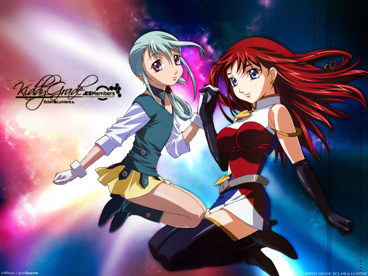 gotou keiji, gotou kenji, eclair (kiddy grade), lumiere (kiddy grade), kiddy grade, 00s, 2girls, age difference, character name, child, copyright name, full body, high heels, jumping, multiple girls, onee-loli, pinup (style), shoes, thighhighs, yuri