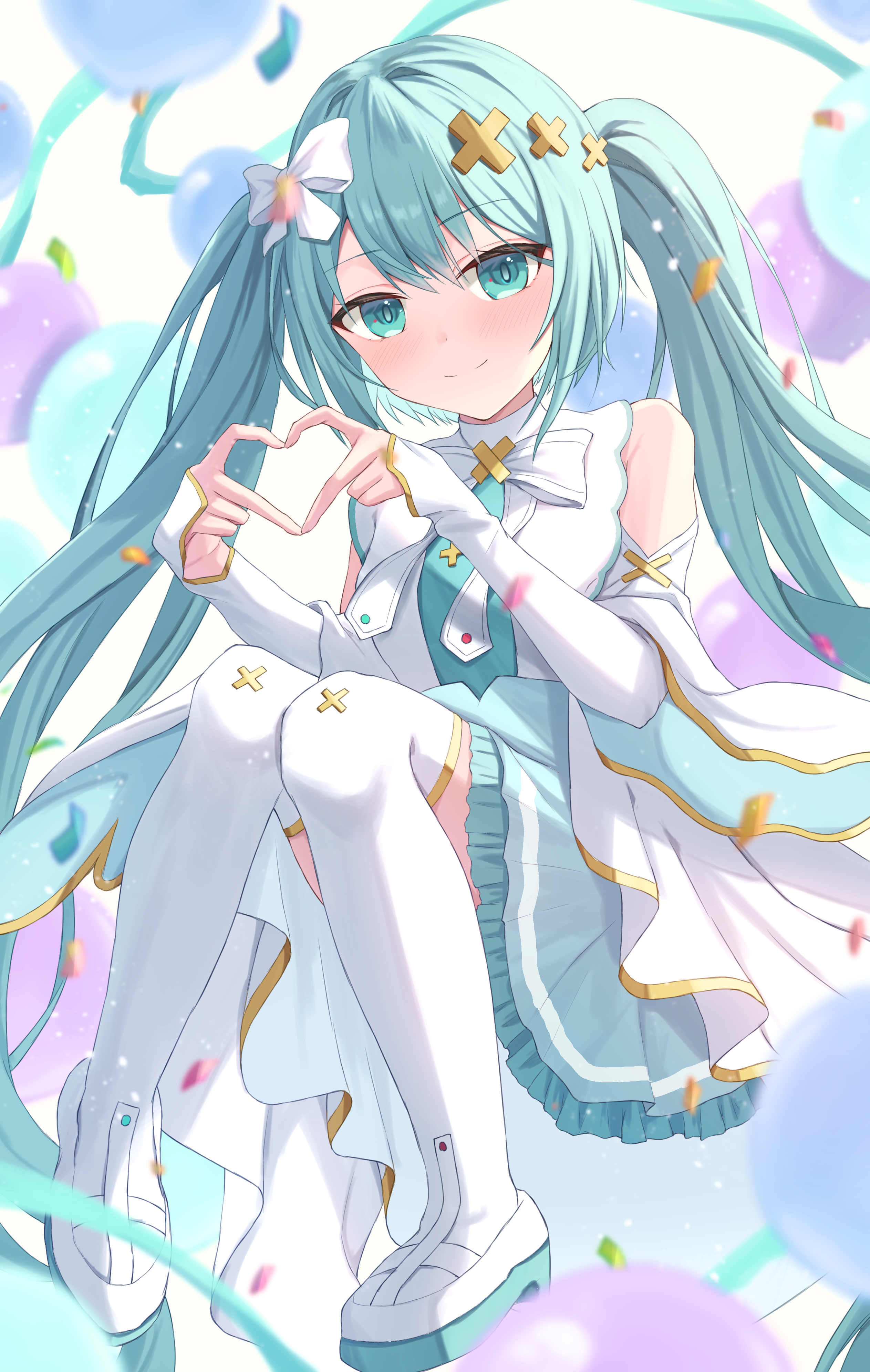 hutaba miyagi, hatsune miku, hiramado miku, kowareta sekai to utaenai miku, project sekai, vocaloid, absurdres, highres, spoilers, 1girl, aqua eyes, aqua hair, aqua skirt, blush, boots, closed mouth, dress, four-finger heart hands, gold trim, hair between eyes, hair ornament, heart, heart hands, long hair, long sleeves, looking at viewer, skirt, sleeveless, sleeveless dress, smile, solo, thigh boots, twintails, very long hair, white dress, x hair ornament