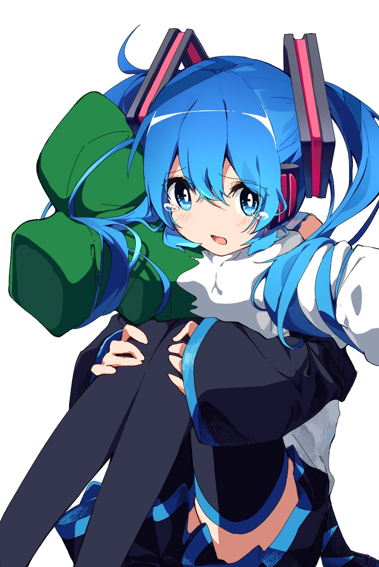 hatsune miku, vocaloid, 1girl, black sleeves, black thighhighs, blue eyes, blue hair, bright pupils, hair ornament, kannpoyu, knees up, long hair, long sleeves, looking at viewer, miniskirt, open mouth, simple background, sitting, skirt, sleeves past wrists, solo, spring onion, stuffed spring onion, stuffed toy, tearing up, thighhighs, twintails, white pupils