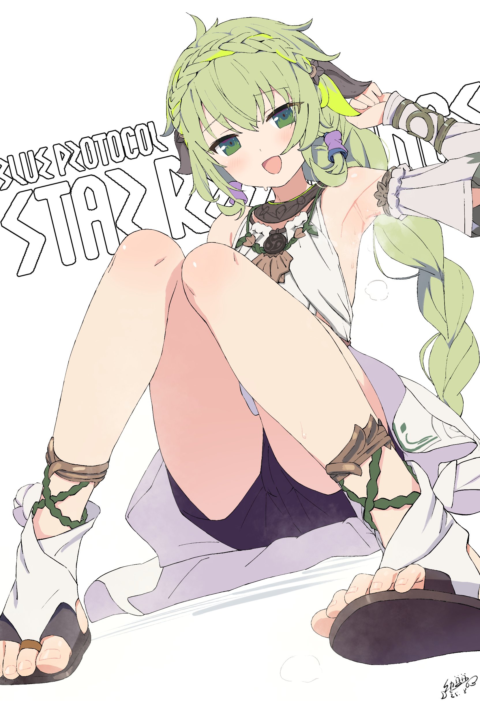 youyueyue, blue protocol, absurdres, character request, chinese commentary, commentary request, highres, 1girl, :d, arm up, armpits, blue shorts, braid, brown sandals, copyright name, crown braid, detached sleeves, dress, feet, flat chest, green eyes, green hair, long hair, long sleeves, looking at viewer, open mouth, sandals, shorts, shorts under dress, sitting, sleeveless, sleeveless dress, smile, solo, steaming body, sweat, toes, very long hair, white dress, white sleeves