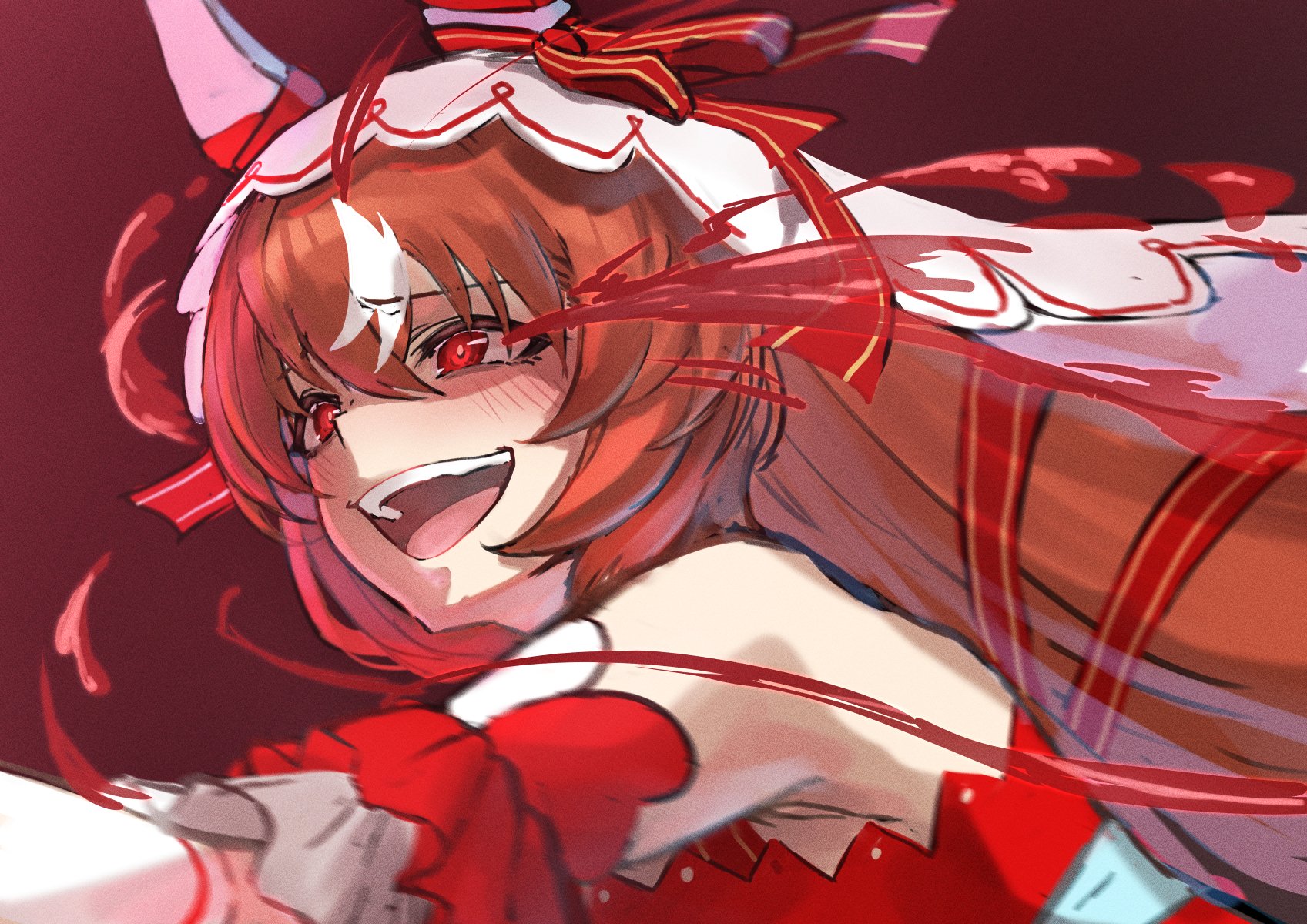 beruu, still in love (umamusume), umamusume, highres, 1girl, animal ears, brown hair, detached sleeves, ear covers, hair between eyes, hair ribbon, horse ears, horse girl, red background, red eyes, red ribbon, ribbon, running, simple background, solo, veil, white hair, white veil