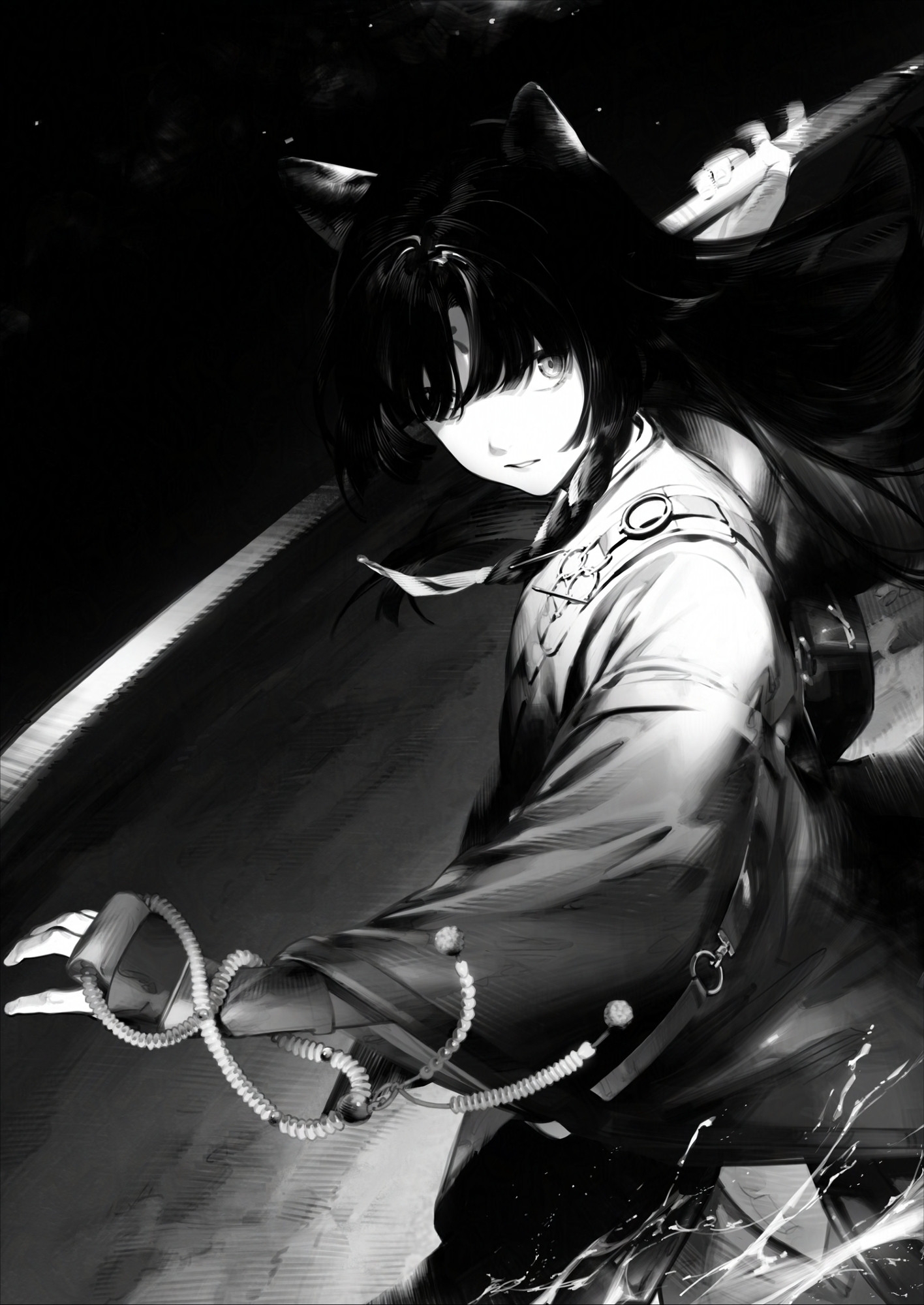 saga (arknights), arknights, chinese commentary, commentary request, highres, 1girl, animal ears, beads, black background, facial mark, forehead mark, greyscale, hair between eyes, hair over one eye, holding, holding polearm, holding weapon, long hair, long sleeves, looking at viewer, monochrome, one eye covered, parted lips, polearm, solo, suisuisuid (zzz), turning head, weapon