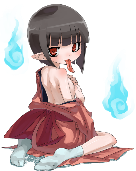 ume (datsuryokugen), akaname, akaname-san, original, bad id, bad pixiv id, 1girl, bare back, black hair, blunt bangs, blush, bob cut, clothes down, feet, female focus, flat chest, hitodama, japanese clothes, long tongue, looking at viewer, looking back, monster girl, pointy ears, red eyes, sitting, smile, socks, solo, tongue, tongue out, wariza