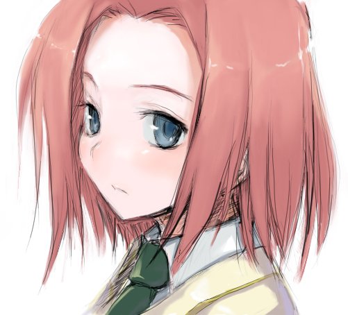 ume (datsuryokugen), kouzuki kallen, code geass, bad id, bad pixiv id, 00s, 1girl, blue eyes, female focus, portrait, red hair, school uniform, serafuku, short hair, solo