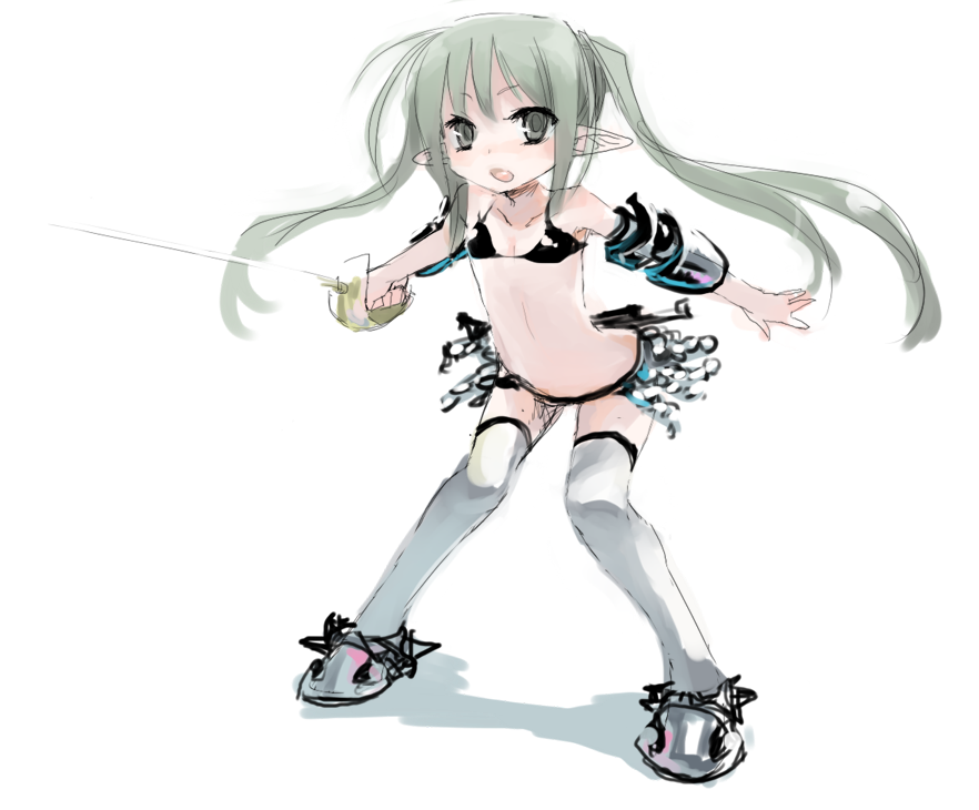 ume (datsuryokugen), original, bad id, bad pixiv id, 1girl, female focus, flat chest, loli, pointy ears, solo, sword, thighhighs, twintails, weapon