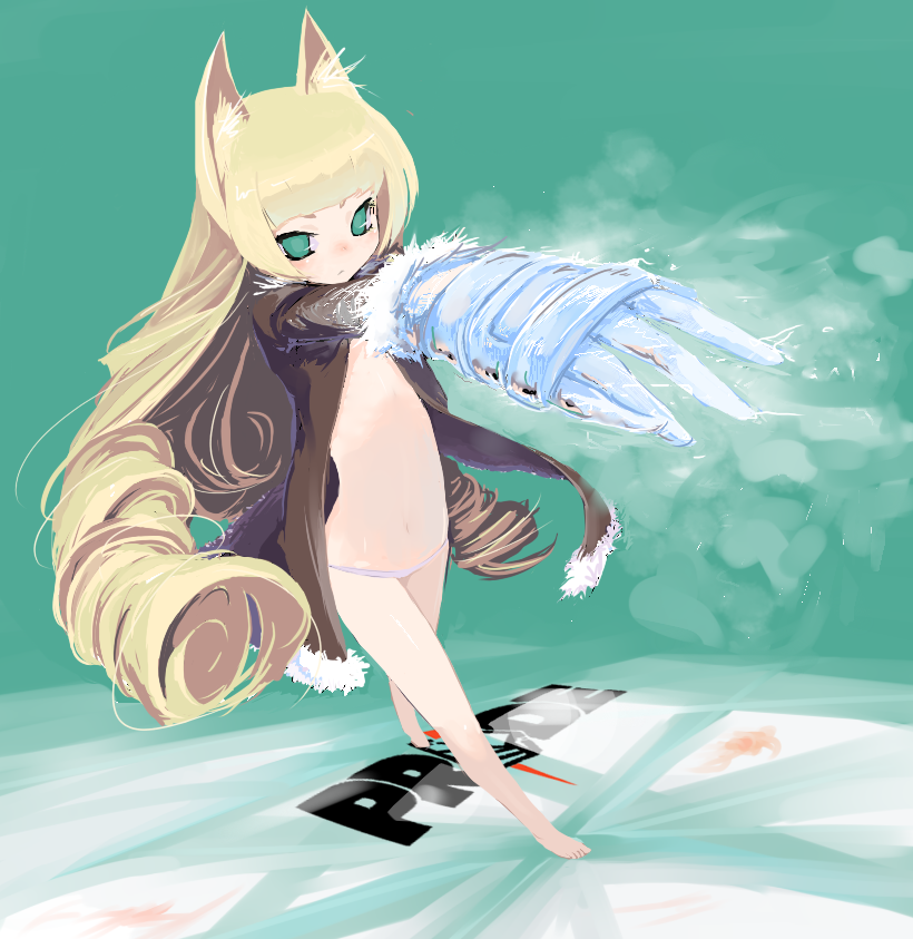 ume (datsuryokugen), original, bad id, bad pixiv id, 1girl, animal ears, barefoot, blonde hair, drill hair, female focus, flat chest, foreshortening, long hair, lowleg, lowleg panties, panties, solo, underwear