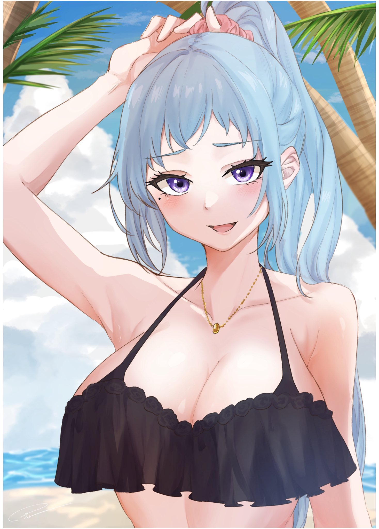 light (lightpicture33), kawasaki saki, yahari ore no seishun lovecome wa machigatteiru., highres, 1girl, arm up, beach, bikini, black bikini, blue hair, blush, breasts, cleavage, closed mouth, cloud, cloudy sky, collarbone, day, hair ornament, hair scrunchie, high ponytail, jewelry, large breasts, long hair, looking at viewer, mole, mole under eye, necklace, ocean, open mouth, outdoors, palm tree, pink scrunchie, ponytail, purple eyes, scrunchie, sky, solo, swimsuit, tree, upper body
